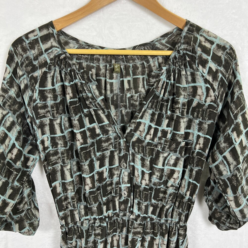 Fei Silk Dress XS Midi Gray Blue 3/4 Sleeve Button Split Neck Flowy Bohemian Art
